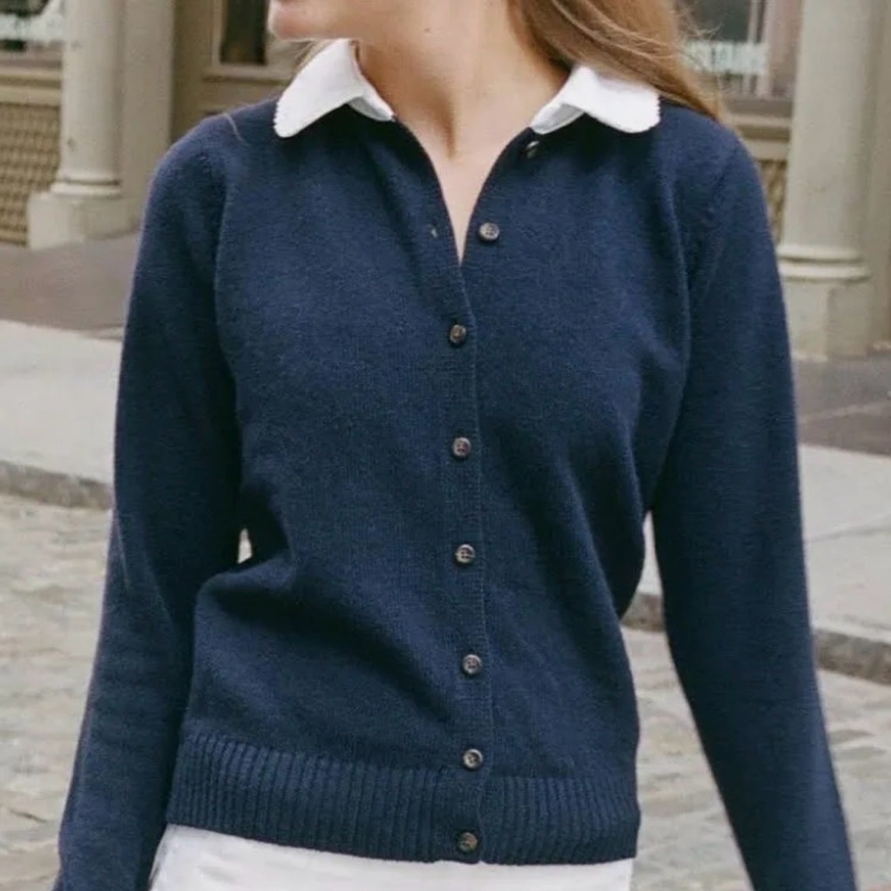 Brandy Melville Navy Button-Up Sweater with White Collar